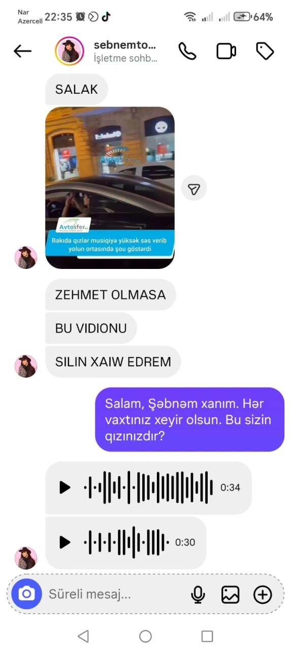 Videodakı şəxs Şəbnəm Tovuzlunun qızı çıxdı - Müğənni sayt əməkdaşlarını hədələdi - VİDEO