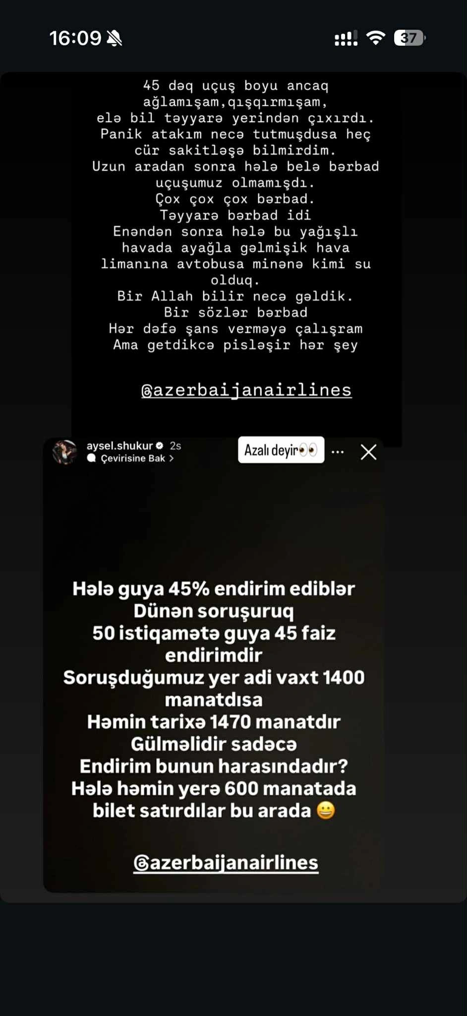 Aysel Şükürova AZALdan şikayətçidir: Ən bərbad uçuşum idi, 45 dəqiqə...