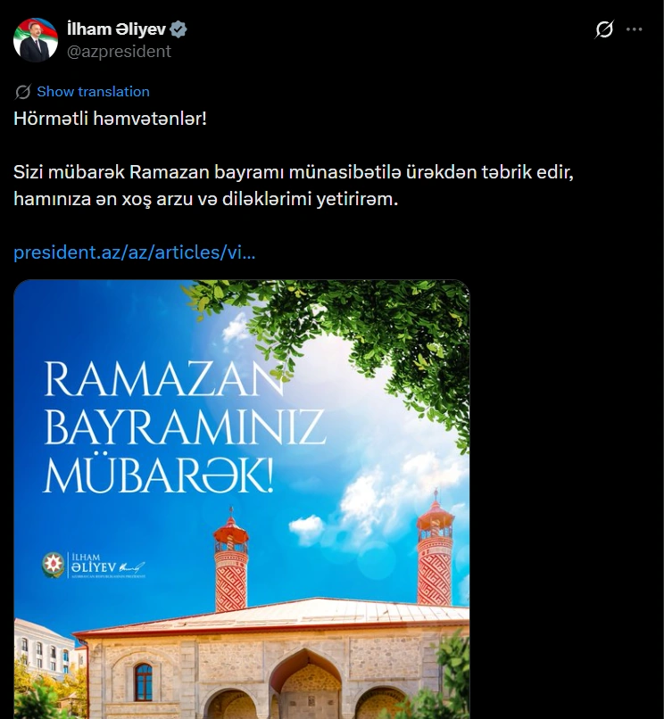İlham Əliyevin sosial media hesablarında paylaşım edildi