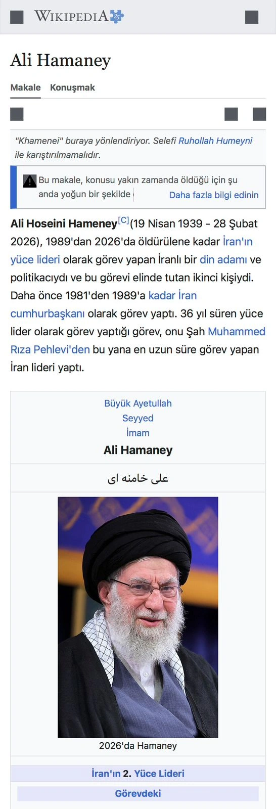 Vikipediyada Xameneinin ölümü ilə bağlı tarix göstərildi