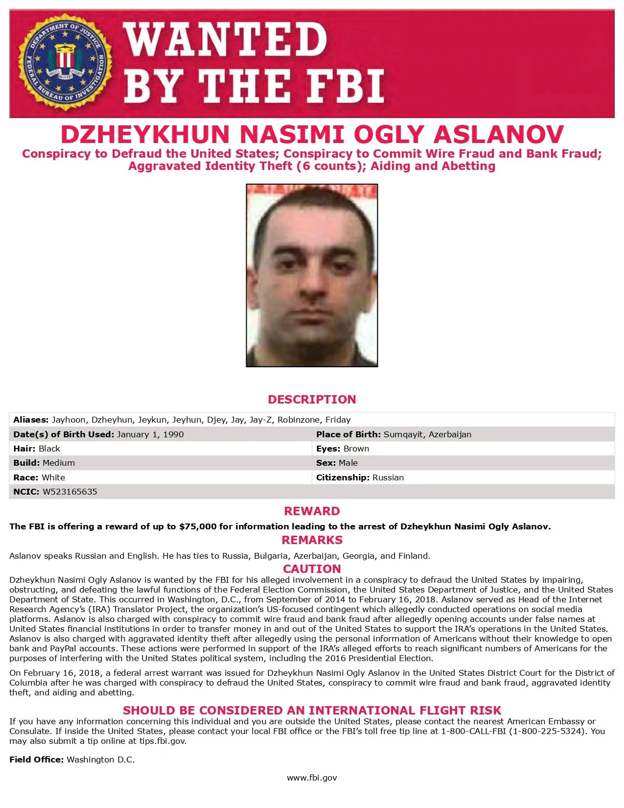 FTB soydaşımızın başına 75 min dollar mükafat qoydu