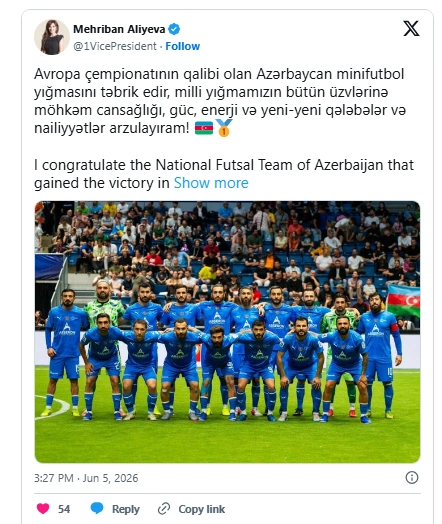 Mehriban Əliyeva Avropa çempionu olan minifutbol üzrə Azərbaycan millisini təbrik edib