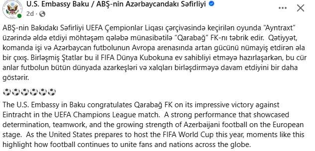 ABŞ səfirliyi Qarabağı təbrik etdi - FOTO