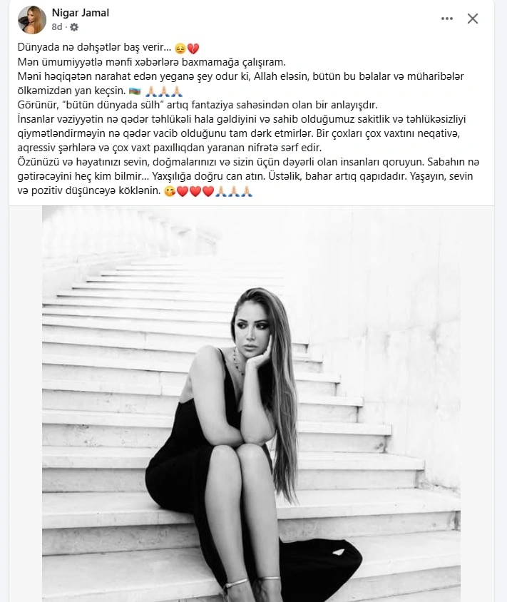 Müharibə ilə bağlı Nigar Camaldan paylaşım - FOTO